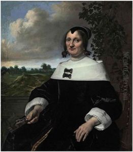 Portrait Of A Lady, Seated, Before A Balustrade, Holding A Fan, A Landscape With Bleaching Fields And A View Out To Sea Beyond by Bartholomeus Van Der Helst