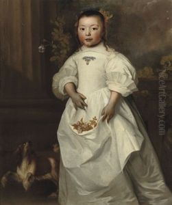Portrait Of A Girl (anna Maria De Sandra?) In A White Dress, Standing On A Balkony Carrying Flowers