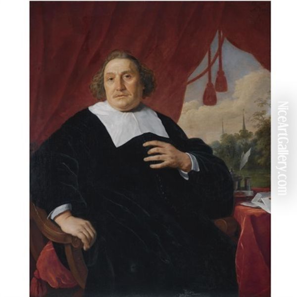 Portrait Of A Gentleman In Black Robe, Seated At A Table, A Wooded Landscape With Two Church Spires In The Background - view 1