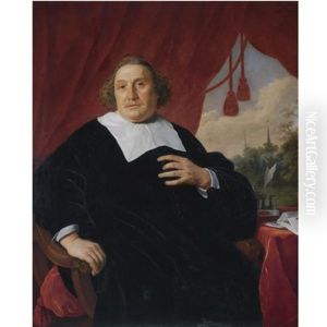 Portrait Of A Gentleman In Black Robe, Seated At A Table, A Wooded Landscape With Two Church Spires In The Background