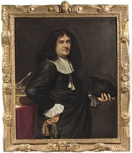 Portrait Of A Gentleman In A Black Costume With A White Chemise And Collar, Holding A Hat In His Left Hand, Standing Beside A Table With Books And Writing Materials Portrait Of A Gentleman In A Black Costume With A White Chemise And Collar, Holding A Hat In His Left Hand, Standing Beside A Table With Books And Writing Materials