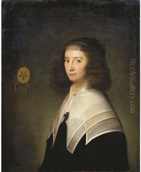 Portrait Of A Lady In A Black Dress With A White Collar And Pearl Necklace - view 1