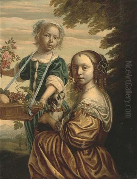 Double Portrait Of Two Girls, The Elder Kneeling, In A Yellow Silk Dress With A Dog In Her Lap, The Younger Standing, In A Blue Silk Dress With A Basket Of Fruit In Her Hands - view 1