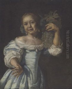 Portrait Of A Young Girl In A Blue And White Dress With A Blue Ribbon In Her Hair, A Bunch Of Grapes In Her Left Hand