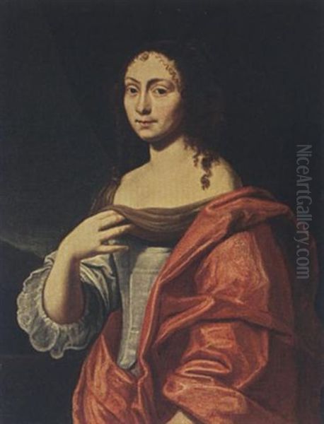A Portrait Of An Elegant Lady Wearing A Grey Dress With A Red Shawl - view 1