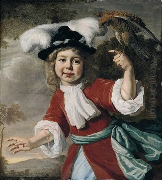 Portrait Of A Young Boy Wearing A Red Coat Tied With A Pale Blue Sash And A Feathered Hat, Holding A Kestrel, A Landscape Beyond - view 1