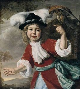 Portrait Of A Young Boy Wearing A Red Coat Tied With A Pale Blue Sash And A Feathered Hat, Holding A Kestrel, A Landscape Beyond Portrait Of A Young Boy Wearing A Red Coat Tied With A Pale Blue Sash And A Feathered Hat, Holding A Kestrel, A Landscape Beyond