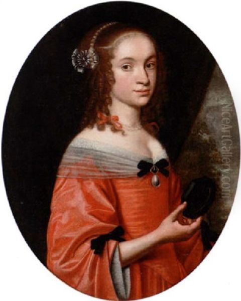 Portrait Of A Young Lady In A Red Dress Holding A Miniature - view 1