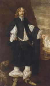 Portrait Of A Gentleman In A Black And White Costume, Holding A Letter In His Left Hand, A Dog At His Right by Bartholomeus Van Der Helst