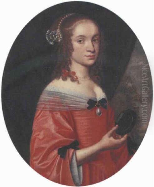 Portrait Of A Young Lady In A Red Dress And Holding A Miniature - view 1