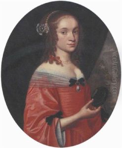 Portrait Of A Young Lady In A Red Dress And Holding A Miniature by Bartholomeus Van Der Helst