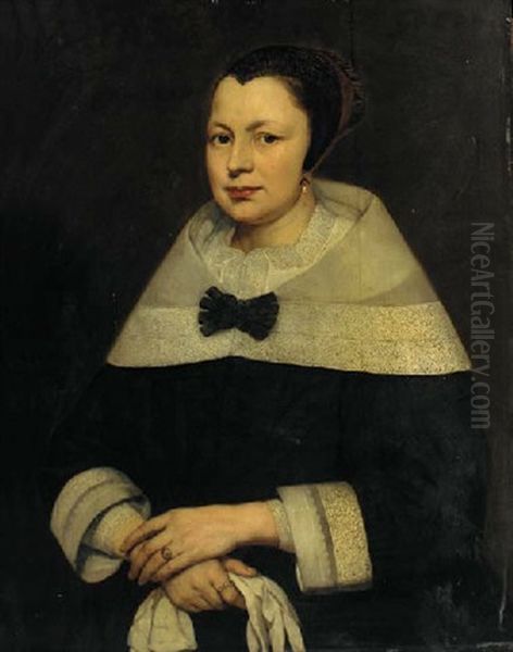 Portrait Of A Lady In Black Costume, Gloves In Her Hand - view 1