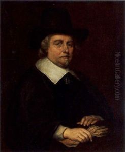 A Portrait Of A Man, Wearing A Black Costume With White Collar And Black Hat