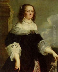 Portrait Of A Lady, Wearing A Black Dress With Lace Collar And Sleeves, Holding A Fan