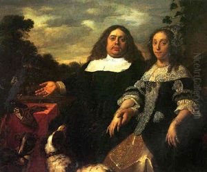 Double Portrait Of A Gentleman And His Wife, Sitting By A Terrace, Both Dressed In Black, His Hand On Her Hand by Bartholomeus Van Der Helst