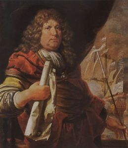 A Portrait Of Vice-admiral Abraham Van Der Hulst, Wearing A Grey-lined Yellow Coat With A Red Cloak And White Chemise by Lodewyck Van Der Helst