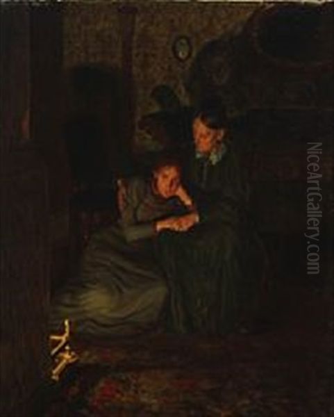 Interior With Two Contemplating Women In Front Of The Fireplace - view 1