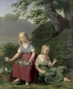 Zwei Madchen, Kranze Fur Das Mittsommerfest Flechtend Zwei Madchen, Kranze Fur Das Mittsommerfest Flechtend