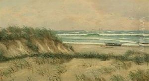 Seashore With Dinghies On The Beach, On The Horizon Sailing Ships by Viggo Lauritz Helsted