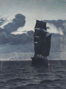 Nachtliche Marine Mit Malerischer Zweimastbark by Viggo Lauritz Helsted