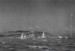 Marine, Sejlskibe Pa Havet N+r Ved Klippekyst, Middelhavet by Viggo Lauritz Helsted