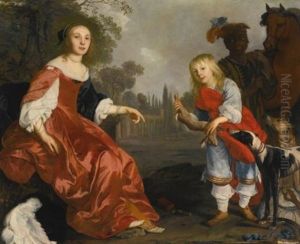 Portrait Of Two Children, Full Length, As Hunters In A Garden With Two Hounds And A Servant Leading A Horse by Nicolaes de (Stocade) Helt