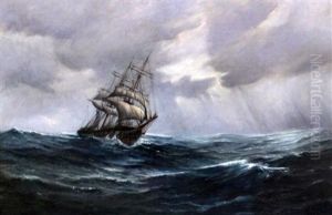 Sailing Ship In Choppy Seas With Stormy Sky Above by Augustus Morton Hely-Smith