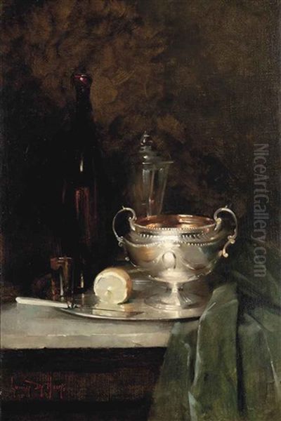 A Silver Bowl, A Lemon, A Knife, A Bottle And A Glass On A Salver On A Draped Marble Ledge - view 1