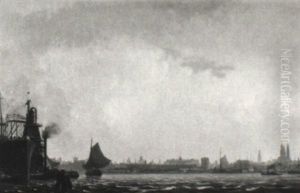 Shipping On The Ij. With The Skyline Of Amsterdam Beyond