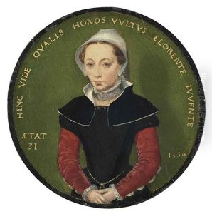 Portrait Of A Lady, In A Black Dress With Red Sleeves, And A White Bonnet