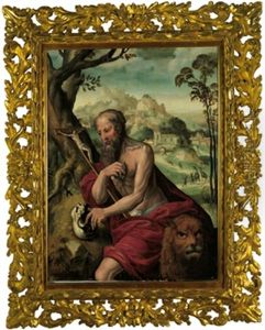Der Heilige Hieronymus Mit Dem Lowen In Einer Landschaft by Jan van Hemessen
