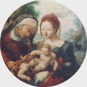 The Madonna And Child Adored By Saint Elisabeth And The Infant Saint John The Baptist In A Landscape by Jan van Hemessen
