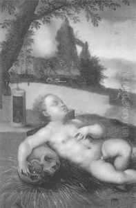 Schlafender Putto In Einer Landschaft, Allegorie Der Verganglichkeit by Jan van Hemessen