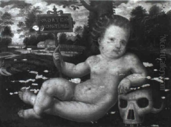 Vanitas: Infant Leaning On A Skull In A Wooded River Landscape - view 1