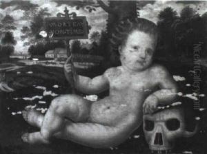 Vanitas: Infant Leaning On A Skull In A Wooded River Landscape by Jan van Hemessen