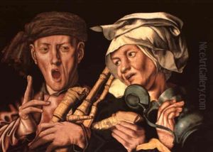 A Piper With A Peasant Woman Holding A Tankard by Jan van Hemessen