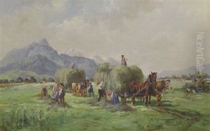 Ernteszene In Bayrischer Voralpenlandschaft Mit Heuwagen Und Reicher Personenstaffage (+ Another, Pair) by Georg Hemmrich