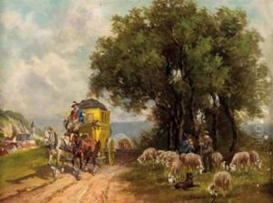 Schafhirten Am Wegrand Mit Postkutsche by Georg Hemmrich