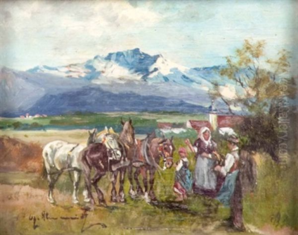Bauernfamilie Und Pferde Am Feldrand - view 1