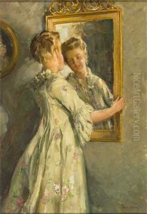 Portrait Einer Sich Im Spiegel Betrachtenden Jungen Frau by Wilhelm Hempfing