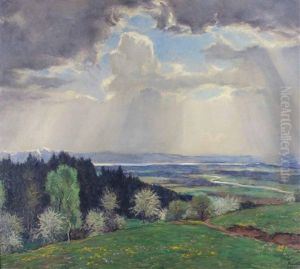 Fruhling Am Bodensee. Weite Landschaft Mit Wolkigem Himmel, Durch Den Die Sonnenstrahlen Brechen
