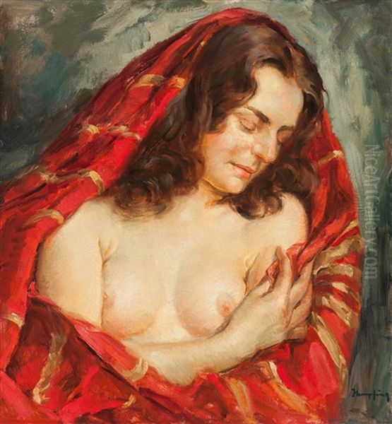 Female Semi-nude With Red Cloth - view 1