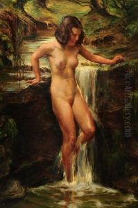 A Wood Nymph Nude By Waterfall