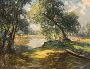 Badende Madchen An Einem See by Wilhelm Hempfing