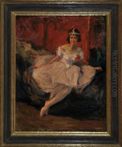 Sitzende Balletttanzerin In Der Garderobe Vor Rotem Hintergrund