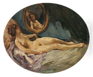 Liegender Weiblicher Akt Vor Einem Spiegel by Wilhelm Hempfing