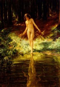 Badende An Einem Waldteich