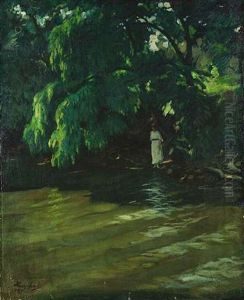 Flusufer Mit Bluhenden Baumen, In Deren Schatten Steht Eine Weisgekleidete Frau Und Blickt Auf Das Wasser