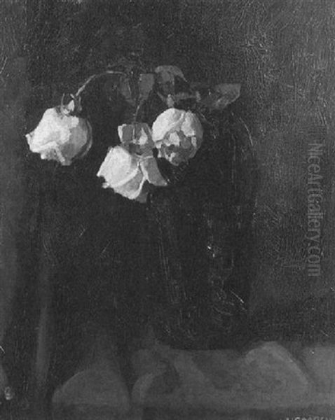 Still Life Of Yellow Roses In A Blue Vase - view 1