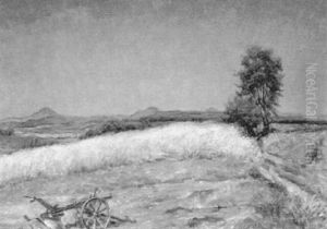Weite Landschaft Mit Getreidefeld Und Abgestelltem Pflug Im Vordergrund by Wilhelm Hempfing